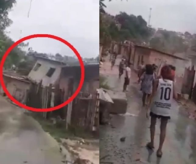 Vídeo flagra o momento em que casa de dois andares desaba após chuva em Manaus.